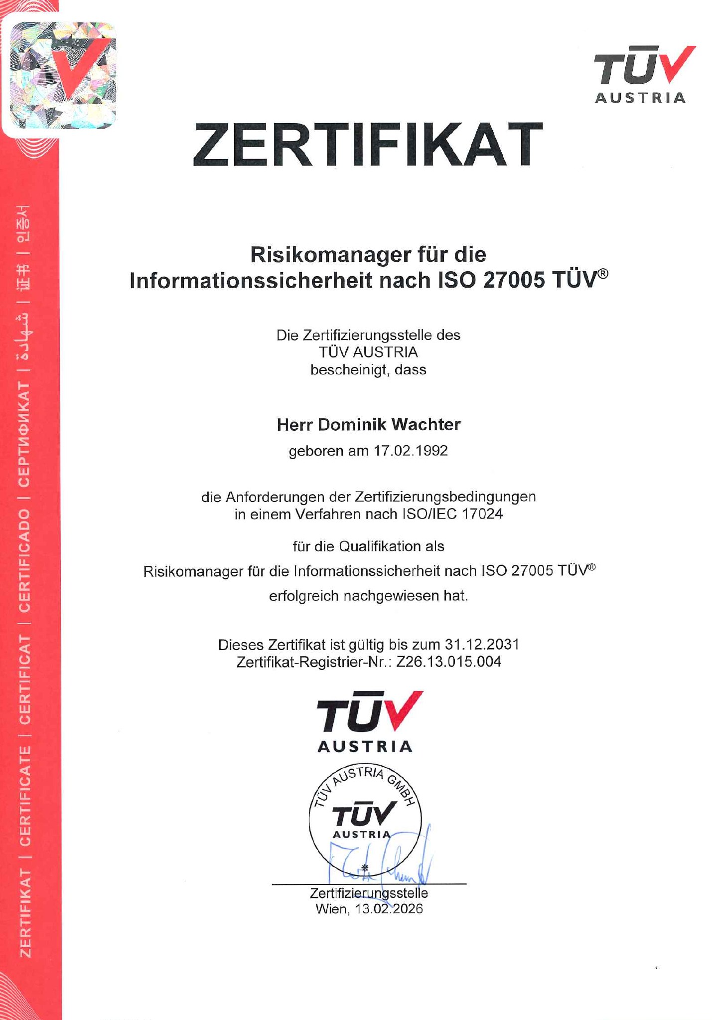 ISO 27005 Zertifikat – Dominik Wachter, TÜV Austria